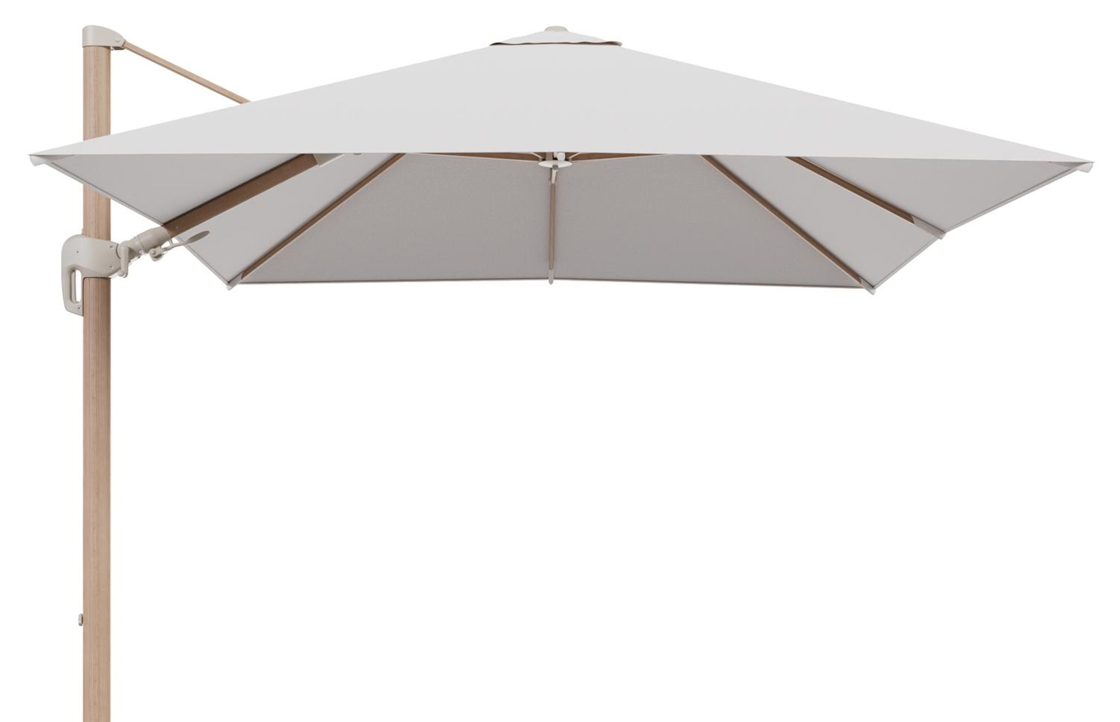 Parasol pendant Rufina avec fonction tilt en aluminium aspect de bois et toile de parasol en All Weather Solica Ego Eggshell  - Lg.1 300 x Lg.2 300 cm (sans pied de parasol