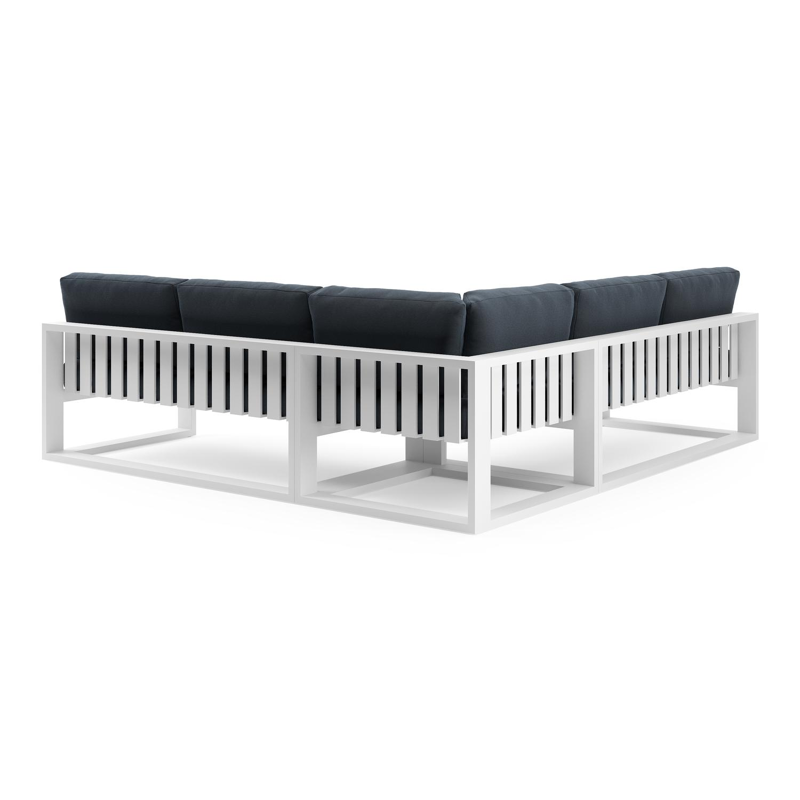 Verato loungehoek in wit aluminium met heritage indigo all weather sunbrella® luxe kussen