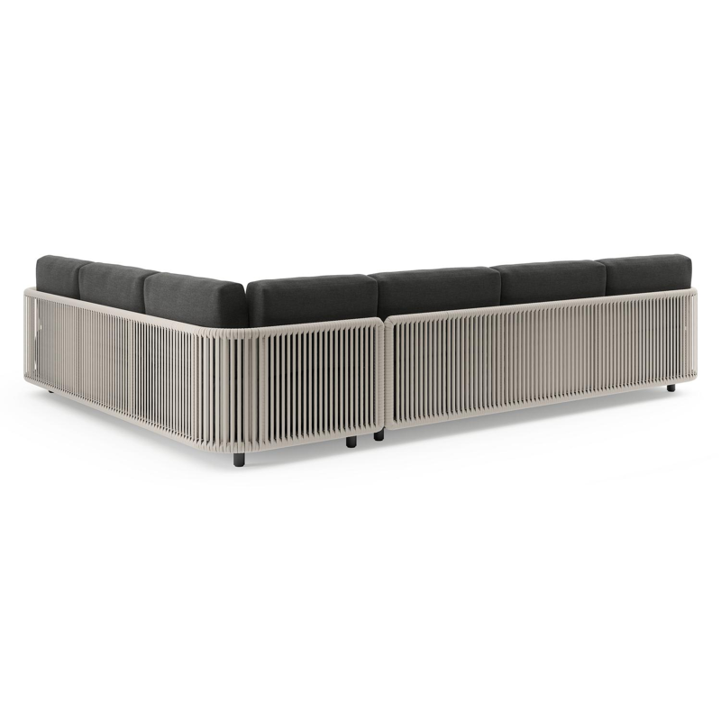 Organo loungehoek in zwart aluminium en beige verticaal geweven luxe vlakke rope met chartres sooty all weather sunbrella® luxe kussens