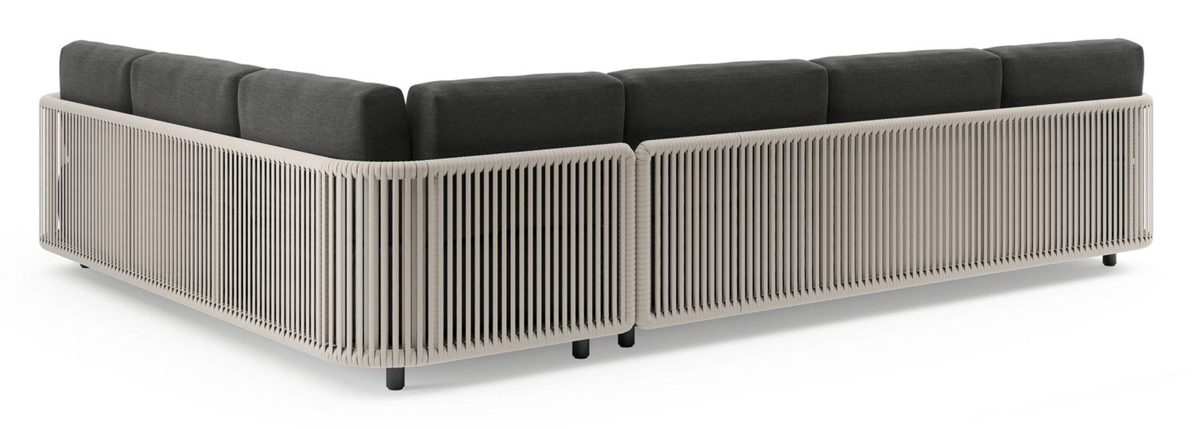 Organo loungehoek in zwart aluminium en beige verticaal geweven luxe vlakke rope met chartres sooty all weather sunbrella® luxe kussens