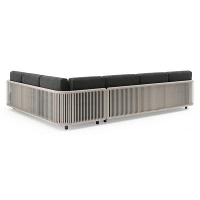 Organo loungehoek in zwart aluminium en beige verticaal geweven luxe vlakke rope met chartres sooty all weather sunbrella® luxe kussens