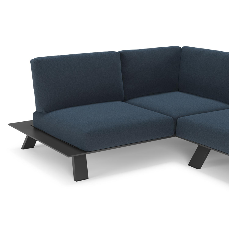 Salon de jardin d'angle Cesano en aluminium noir et coussin en all weather Sunbrella® luxe heritage indigo