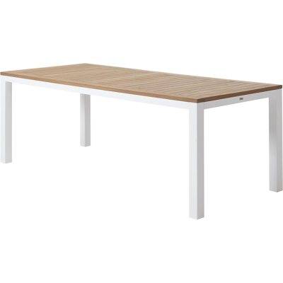 Varese tuinset in wit aluminium en naturel teak tafelblad met 6 stapelbare Madura tuinstoelen