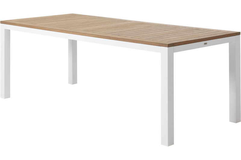 Varese tuinset in wit aluminium en naturel teak tafelblad met 6 stapelbare Madura tuinstoelen