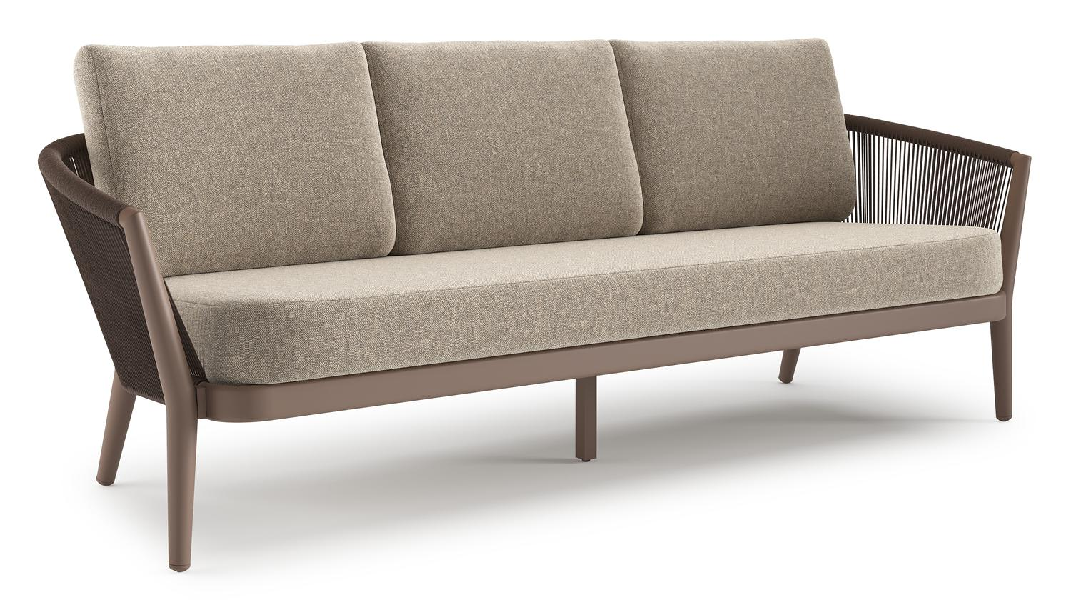 Canapé de jardin Orso en aluminium taupe en corde ronde tissée verticalement noir et coussins en all weather sunbrella® luxe Chartres Pewter