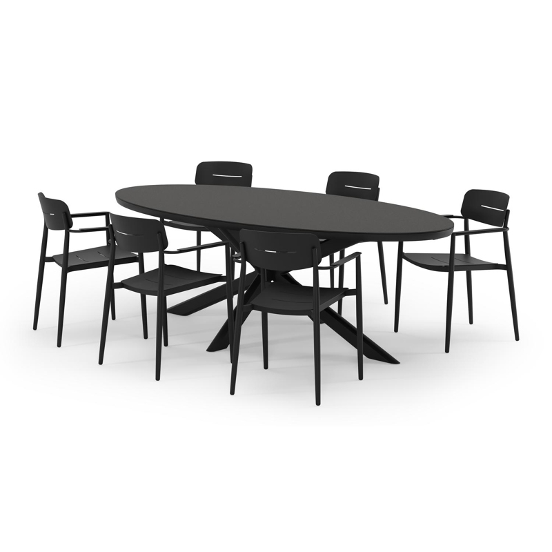 Pamplona ovale tuinset in zwart aluminium en sintered stone notte minerale met 6 Cosa tuinstoelen