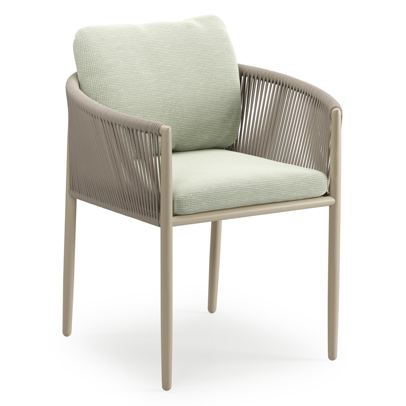 Organo tuinstoel in zwart aluminium en beige verticaal geweven ronde rope met stoelkussen in All Weather Sunbrella® Luxe Slow Spirea