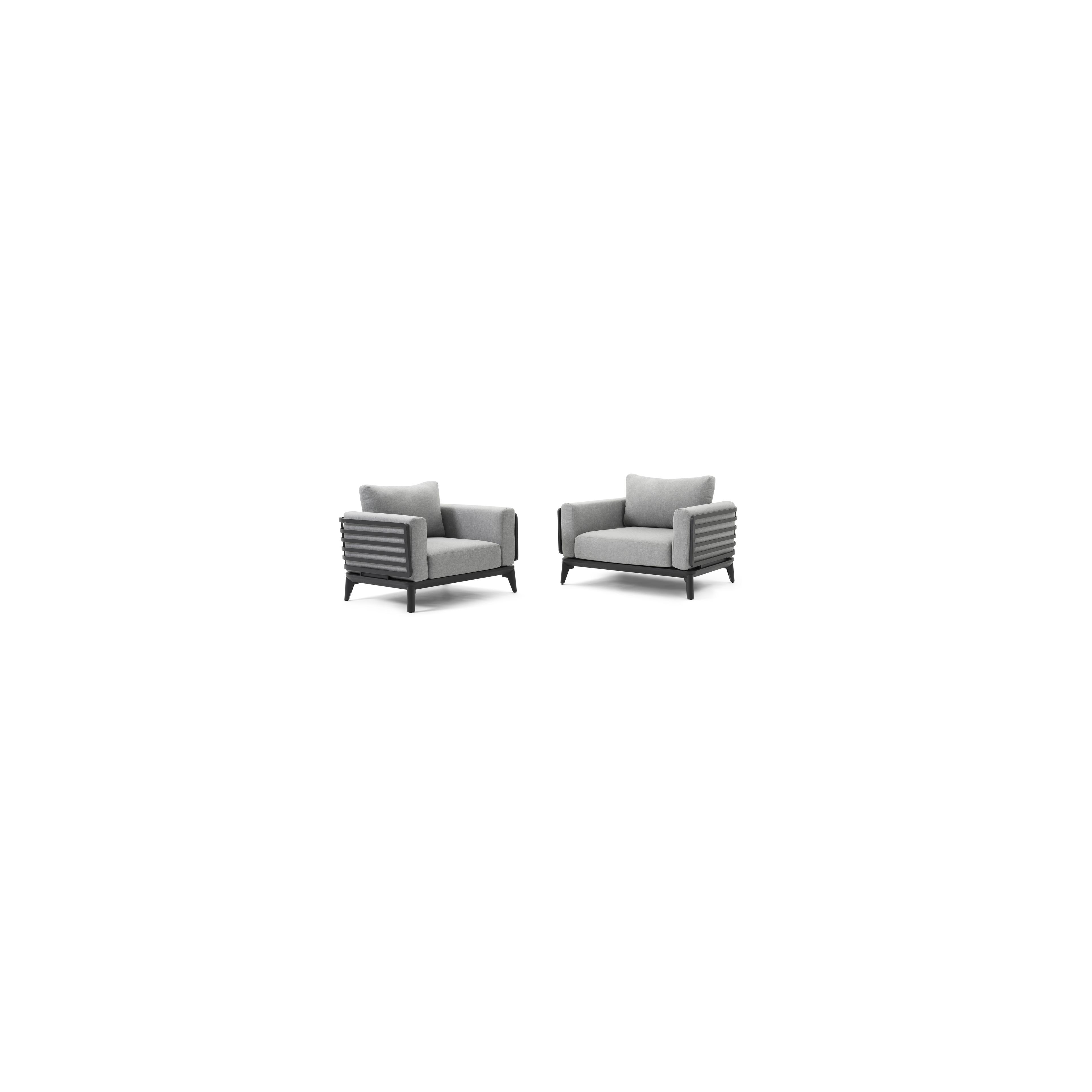Set van 2 Mosa loungestoelen 2 x 1-zit in zwart aluminium met grijs All Weather Olefin kussen