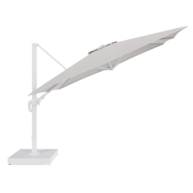Minore zweefparasol met tiltfunctie in wit aluminium en Tundra Sand All Weather Sunbrella® Luxe parasoldoek - L1 350 x L2: 350 cm met parasolvoet Minore 260 kg met wielen