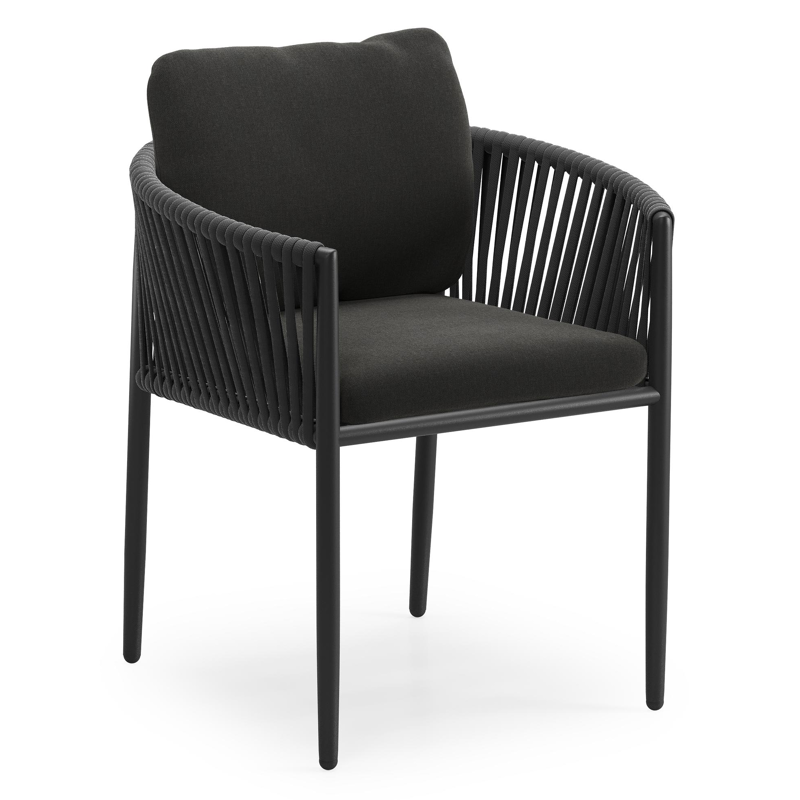 Organo tuinstoel in zwart aluminium en zwart verticaal geweven luxe vlakke rope met zitkussen in All Weather Sunbrella® Luxe Natte Sooty