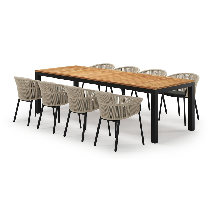 Varese rechthoekige tuinset in zwart aluminium en teak colour finish met 8 Matera tuinstoelen