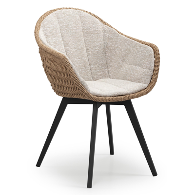 Pagino tuinstoel in zwart aluminium en naturel ronde wicker met zitkussen in All Weather Sunbrella® Luxe Tundra Sand