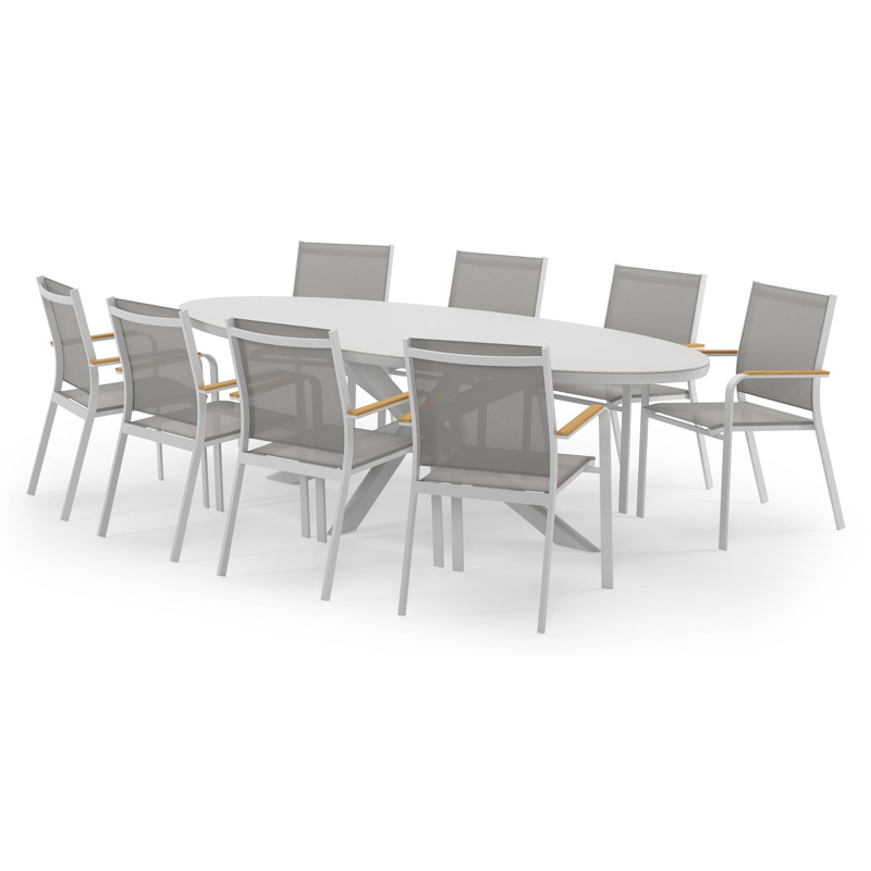 Pamplona ovale tuinset in wit aluminium en sintered stone topo minerale met 8 Amalfi tuinstoelen