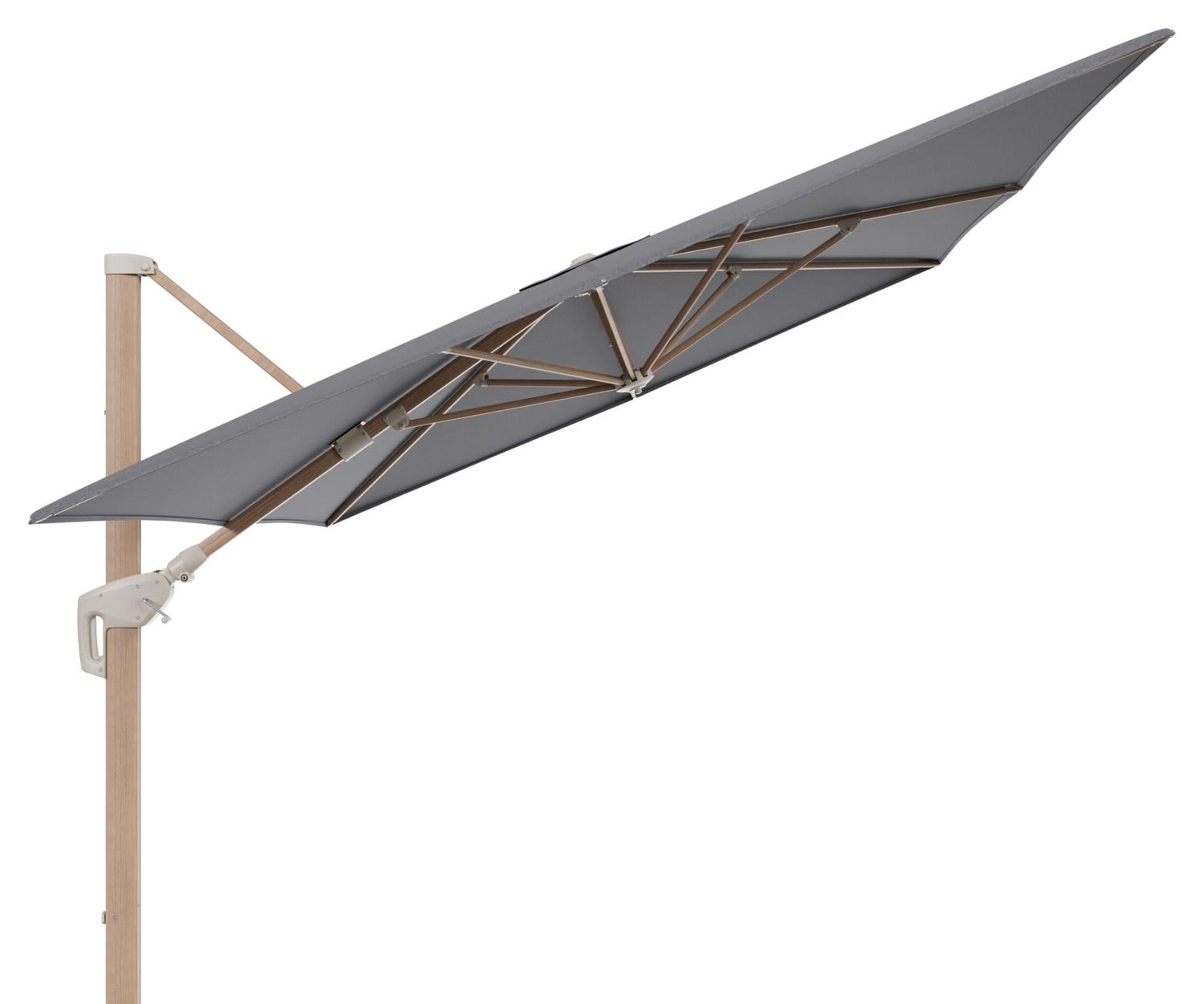 Parasol pendant Minore avec fonction tilt en aluminium aspect de bois et toile de parasol All Weather Sunbrella® Luxe Heritage Slate - Lg.1: 400 x Lg.2: 300 cm (sans pied de parasol)