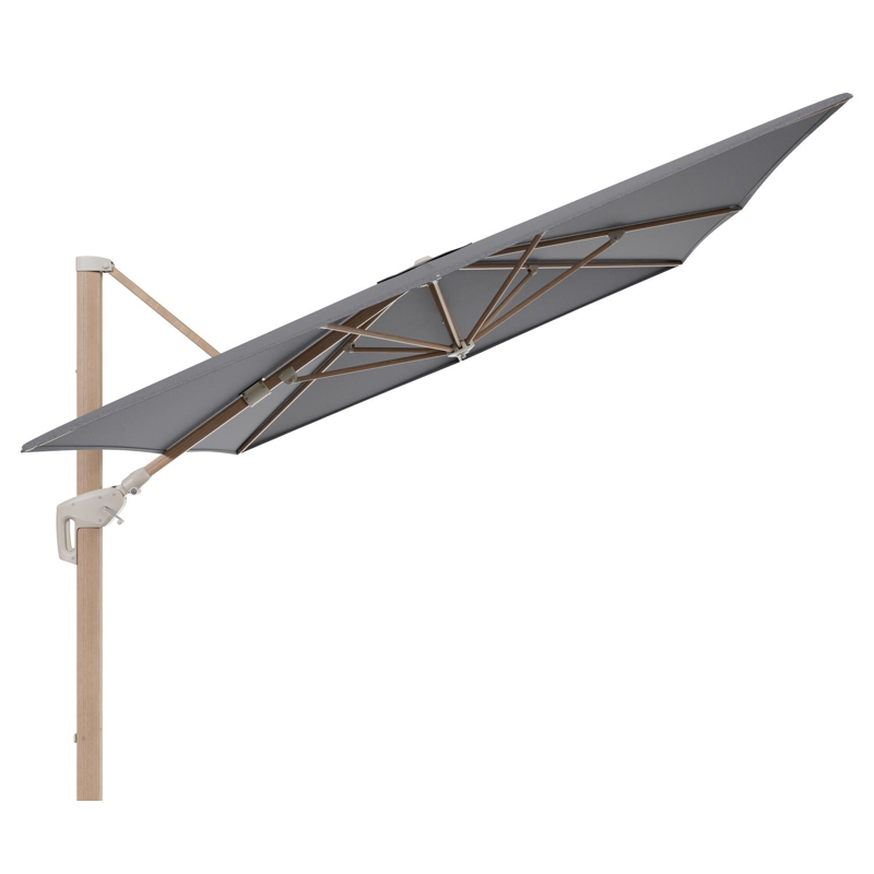 Parasol pendant Minore avec fonction tilt en aluminium aspect de bois et toile de parasol All Weather Sunbrella® Luxe Heritage Slate - Lg.1: 400 x Lg.2: 300 cm (sans pied de parasol)