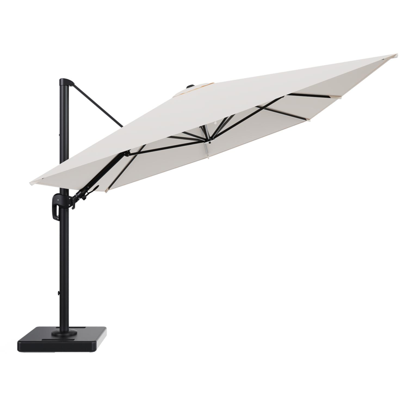 Rufina zweefparasol tiltfunctie in zwart aluminium en parasoldoek in All Weather Sunbrella® Luxe Natte Linen Chalk - L1 400 x L2 300 cm met parasolvoet Lapido 160 kg