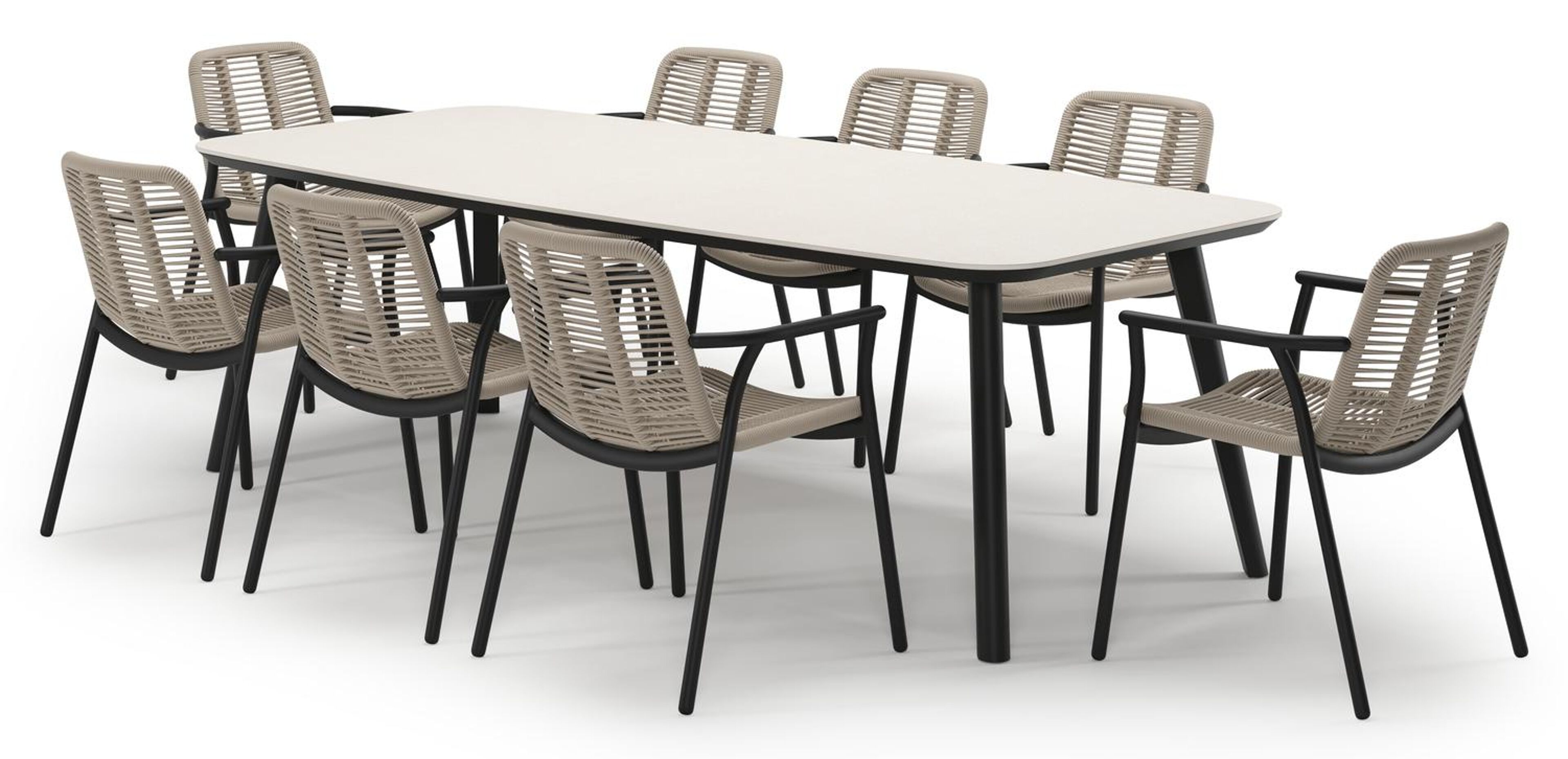 Mosa tuinset in zwart aluminium en crema minerale sintered stone met 8 stapelbare Berga tuinstoelen