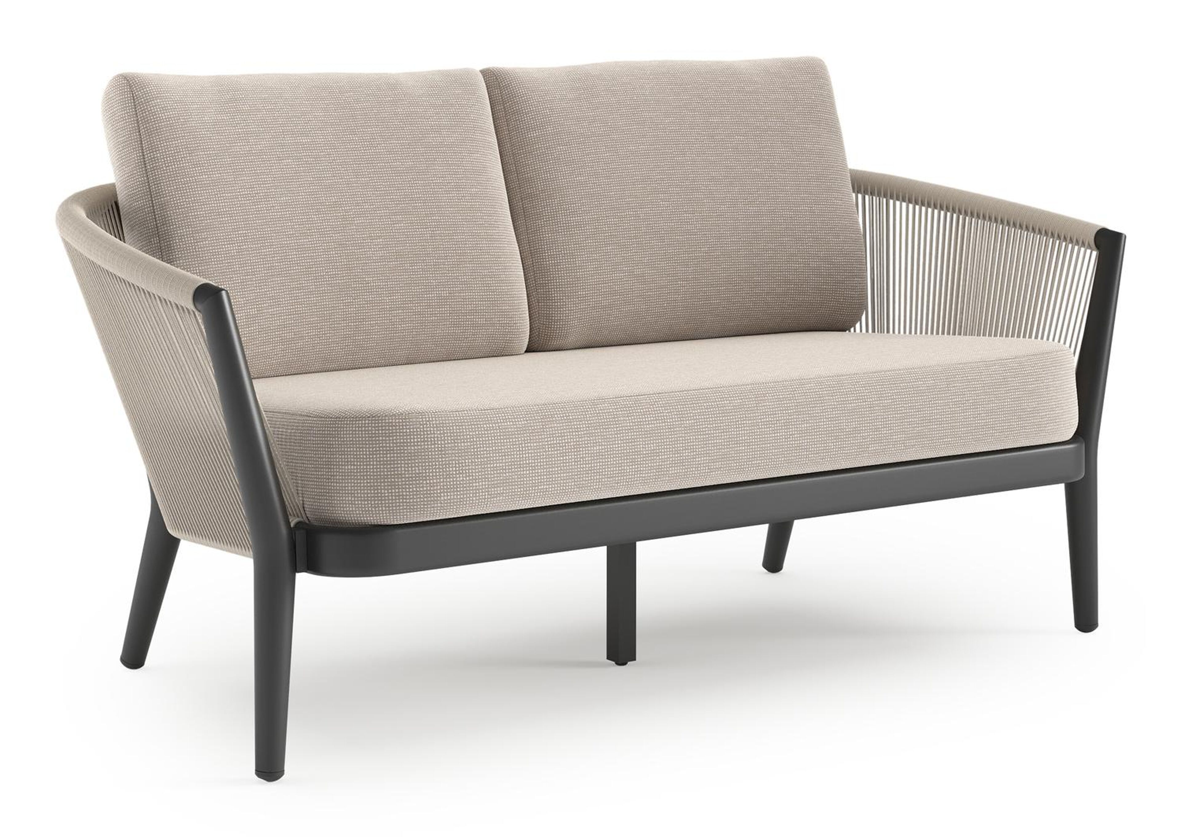 Orso loungebank in zwart aluminium en beige verticaal geweven ronde rope met Slow Farafra all weather sunbrella® luxe kussen