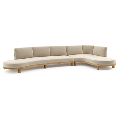 Donato loungehoek in teak en beige verticaal geweven ronde rope met all weather cosytica Althea Chalk kussen