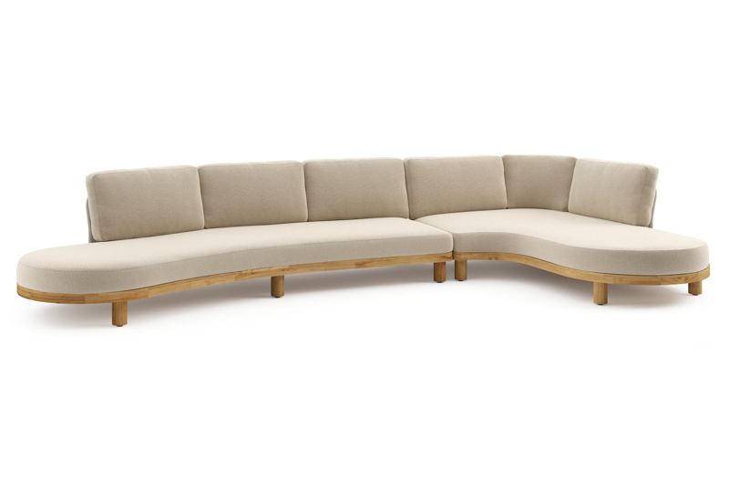 Donato loungehoek in teak en beige verticaal geweven ronde rope met all weather cosytica Althea Chalk kussen