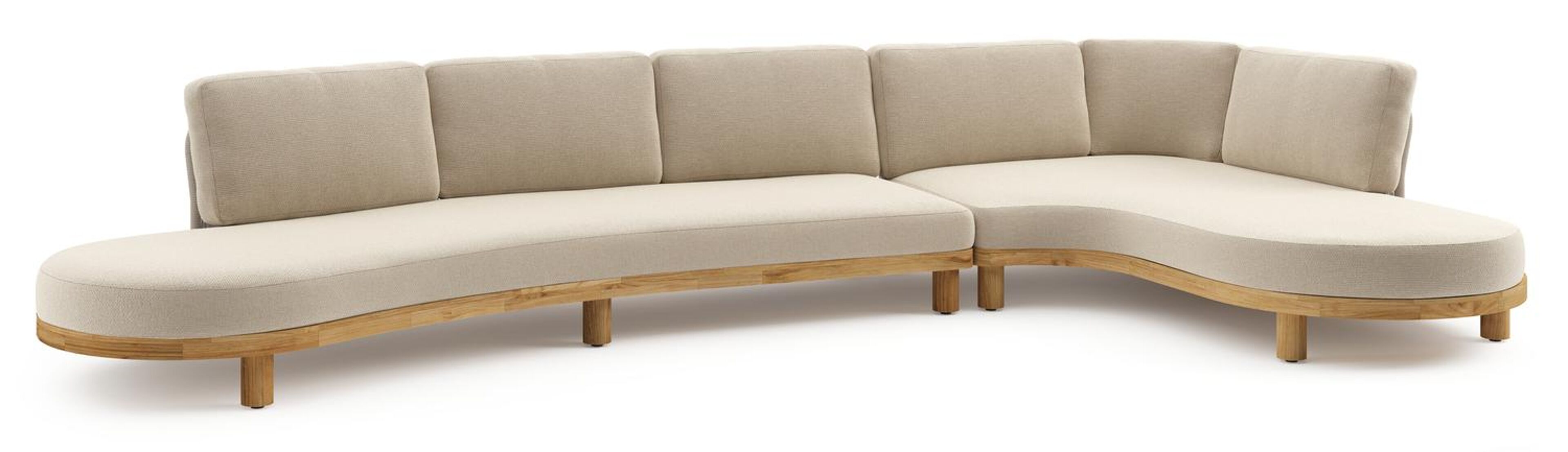 Donato loungehoek in teak en beige verticaal geweven ronde rope met all weather cosytica Althea Chalk kussen