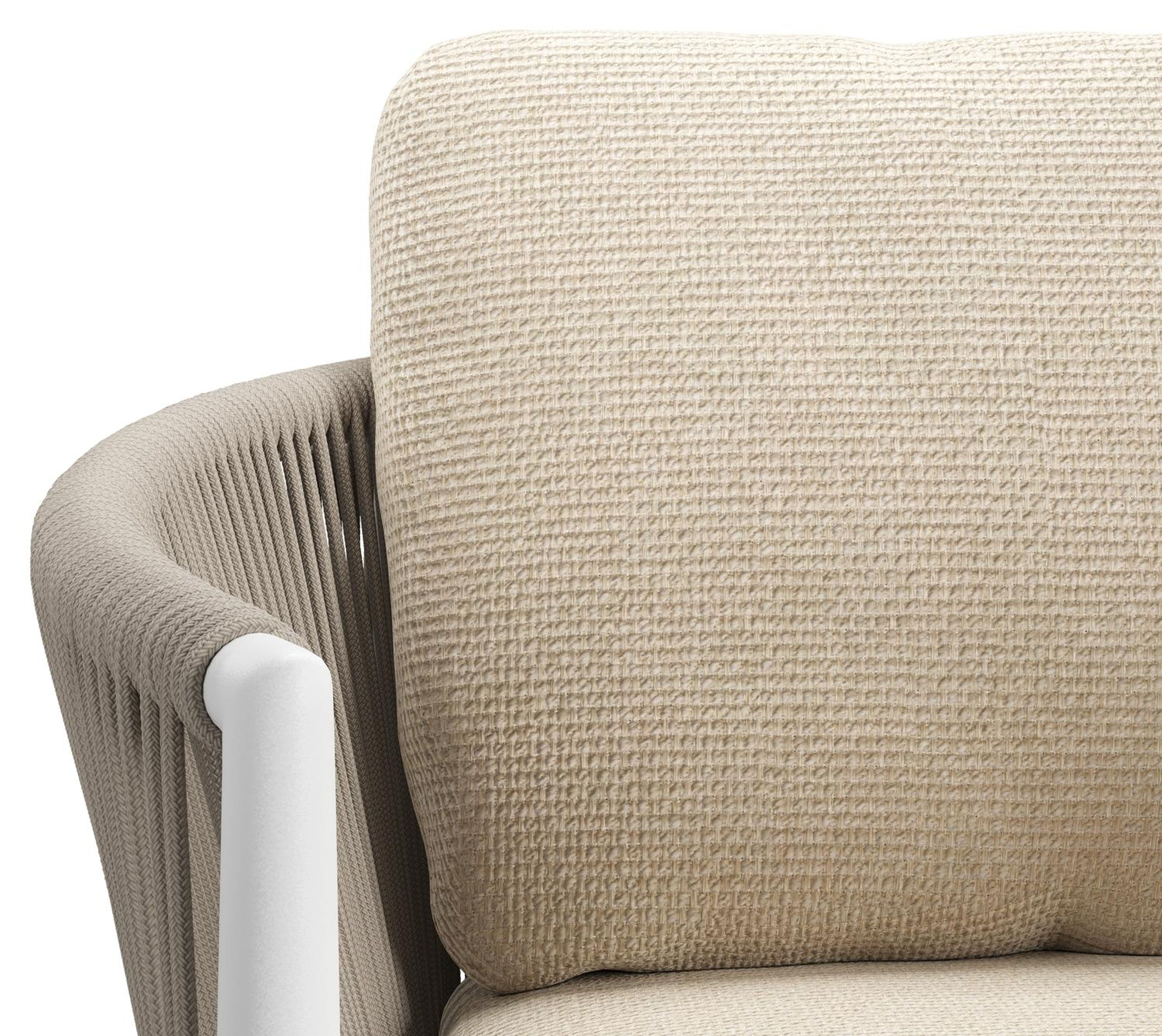 Chaise de jardin Organo en aluminium beige et corde ronde tissée verticalement beige avec coussin en All Weather Cosytica Althea Chalk