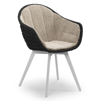 Pagino tuinstoel in wit aluminium en zwart ronde wicker met zitkussen in All Weather Sunbrella® Luxe Chartres Pewter