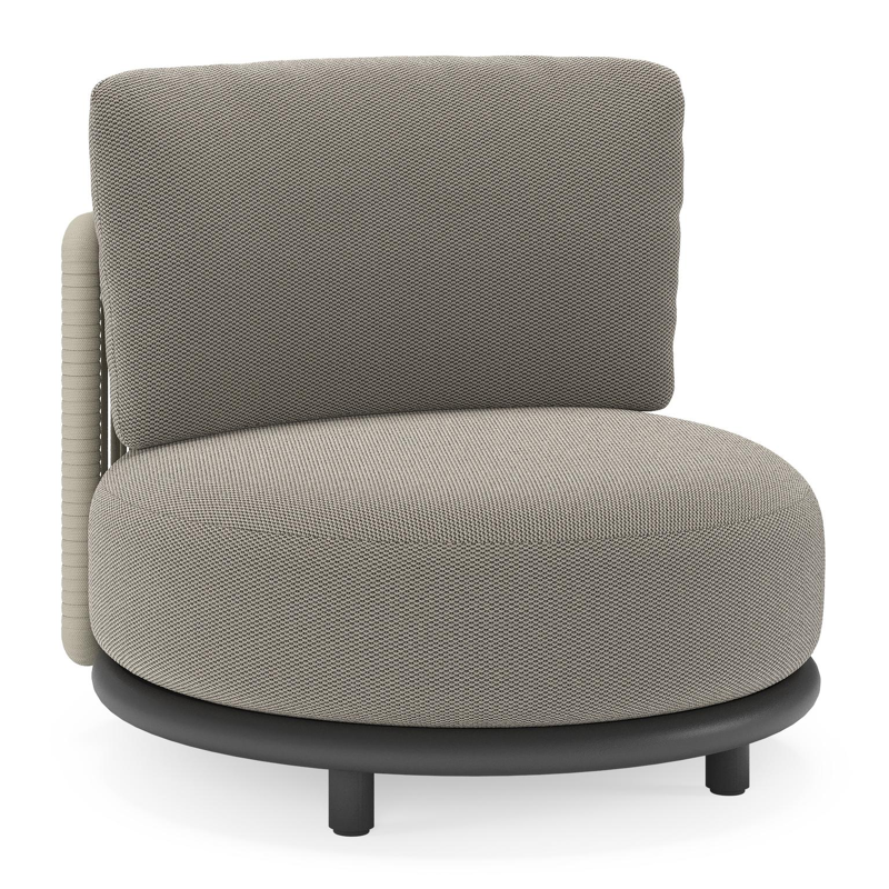 Fauteuil de jardin Lomano en aluminium noir et corde luxe plate tissée verticalement beige et coussins en all weather sunbrella® luxe Lopi Charcoal