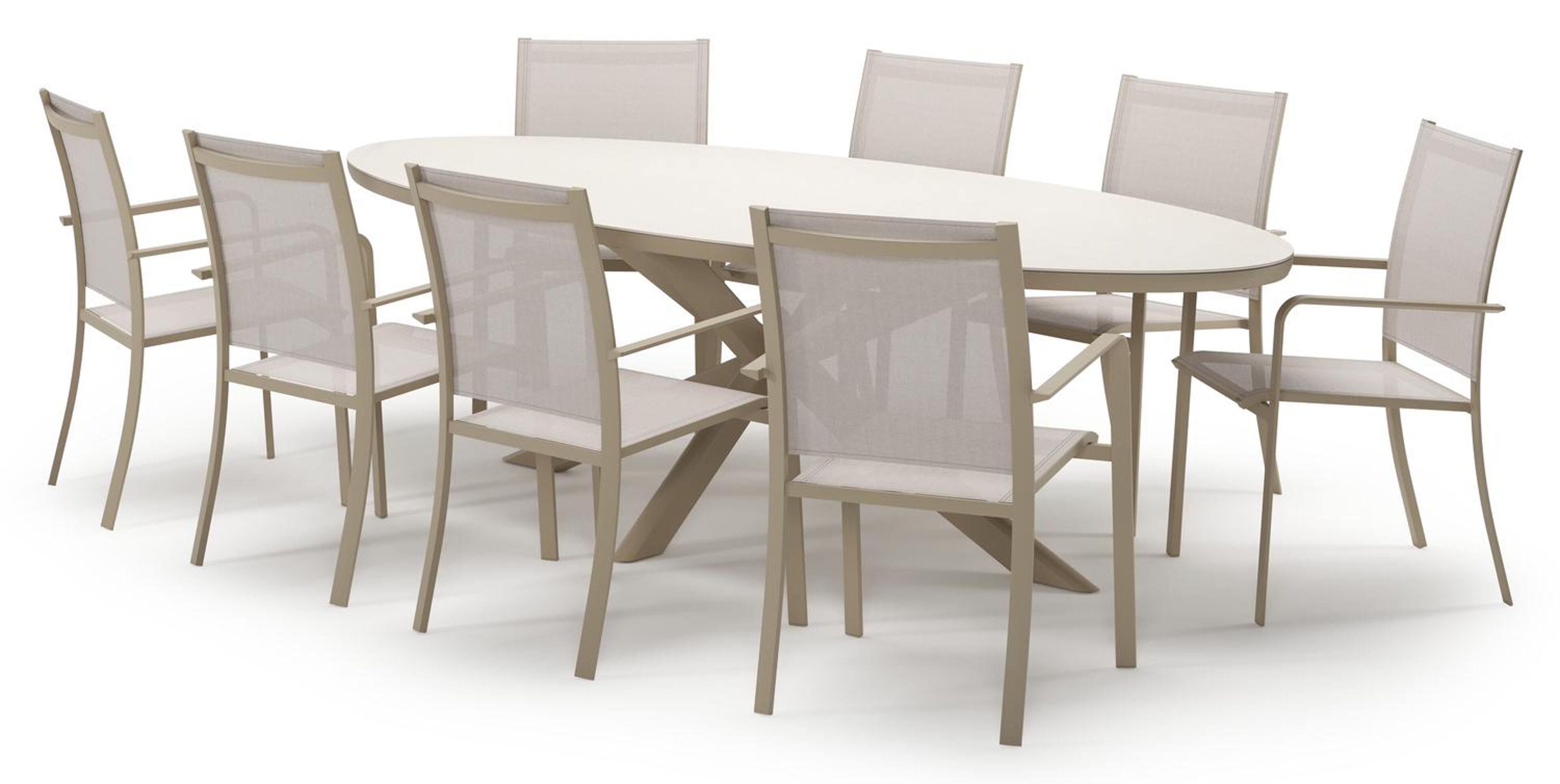 Pamplona tuinset in beige aluminium en crema minerale sintered stone met 8 stapelbare Calobra tuinstoelen