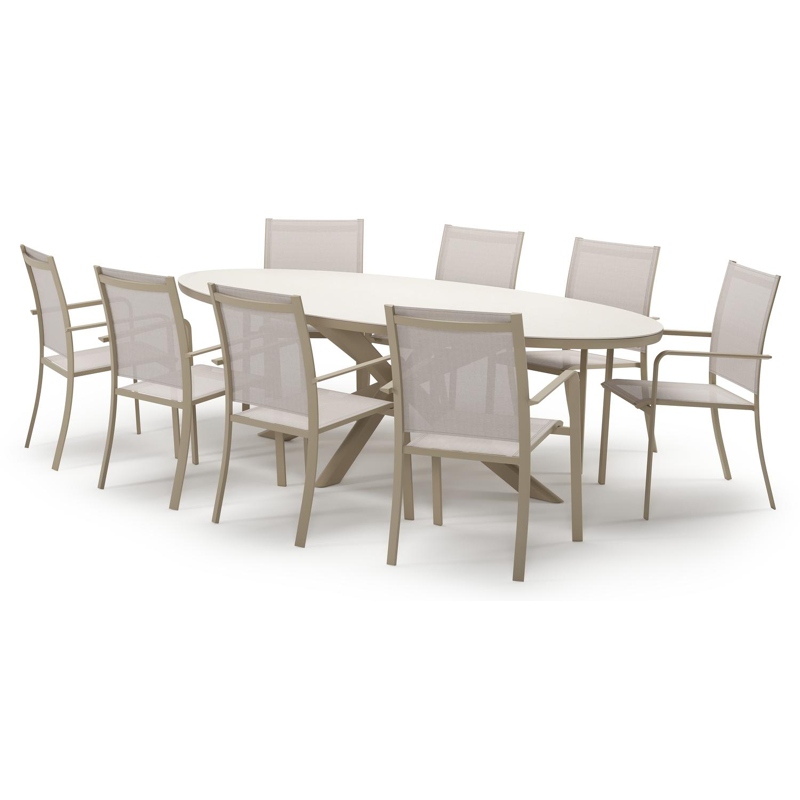 Pamplona tuinset in beige aluminium en crema minerale sintered stone met 8 stapelbare Calobra tuinstoelen