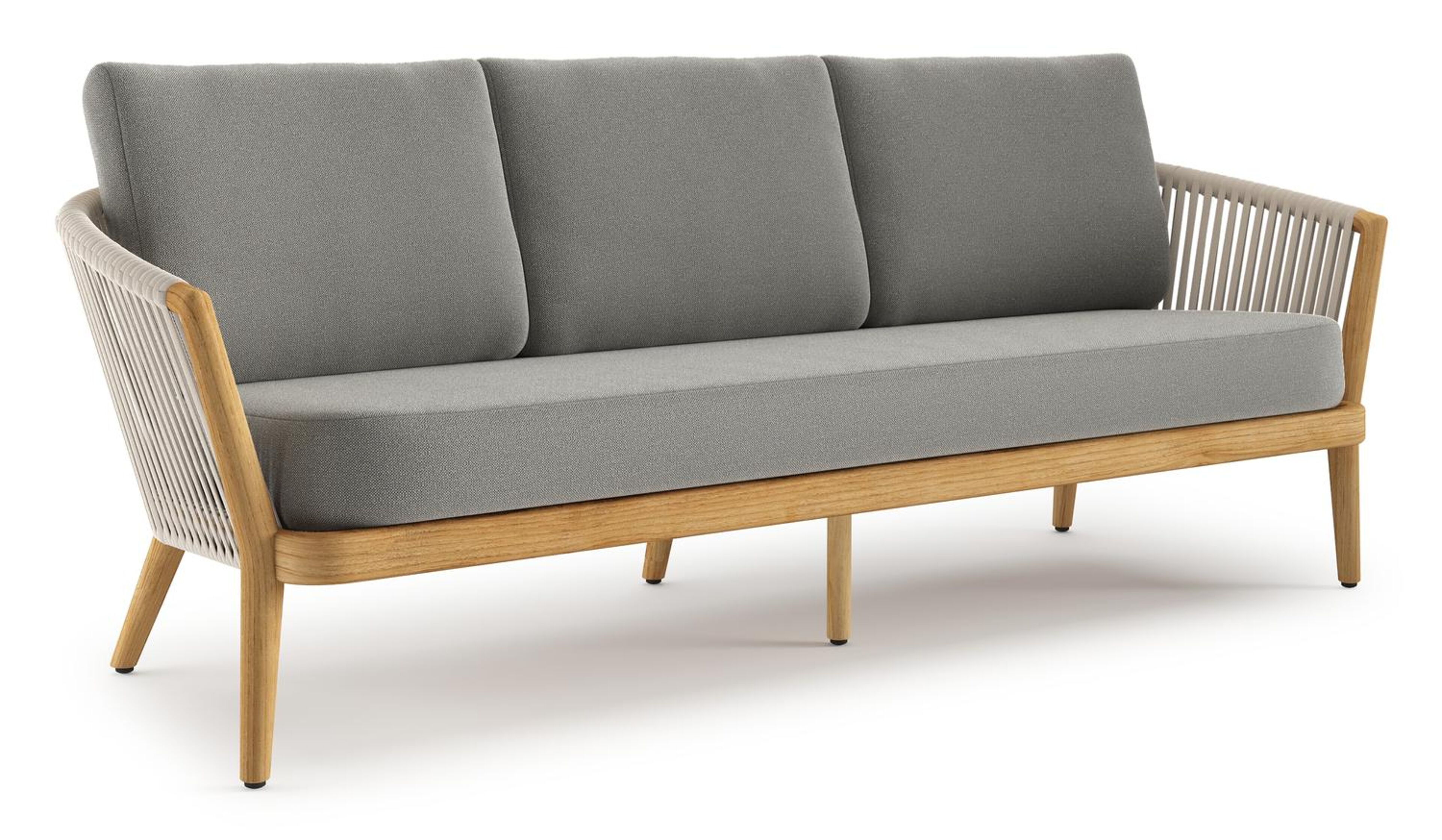 Orso loungebank in teak en beige verticaal geweven luxe vlakke rope met Savane Zinc all weather sunbrella® luxe kussen