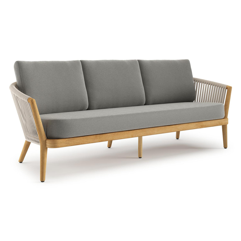 Orso loungebank in teak en beige verticaal geweven luxe vlakke rope met Savane Zinc all weather sunbrella® luxe kussen