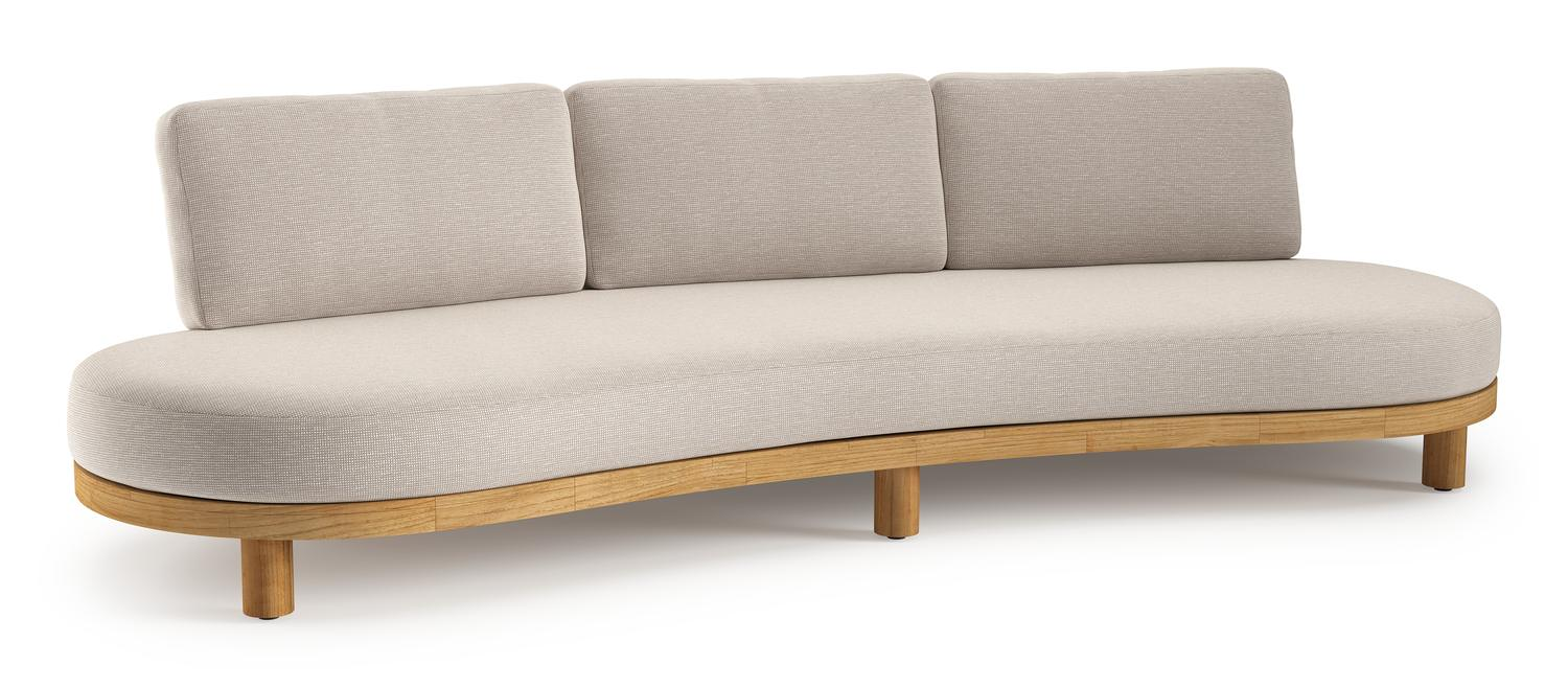 Donato loungebank in teak en beige verticaal geweven ronde rope met all weather sunbrella® luxe Slow Farafra kussen