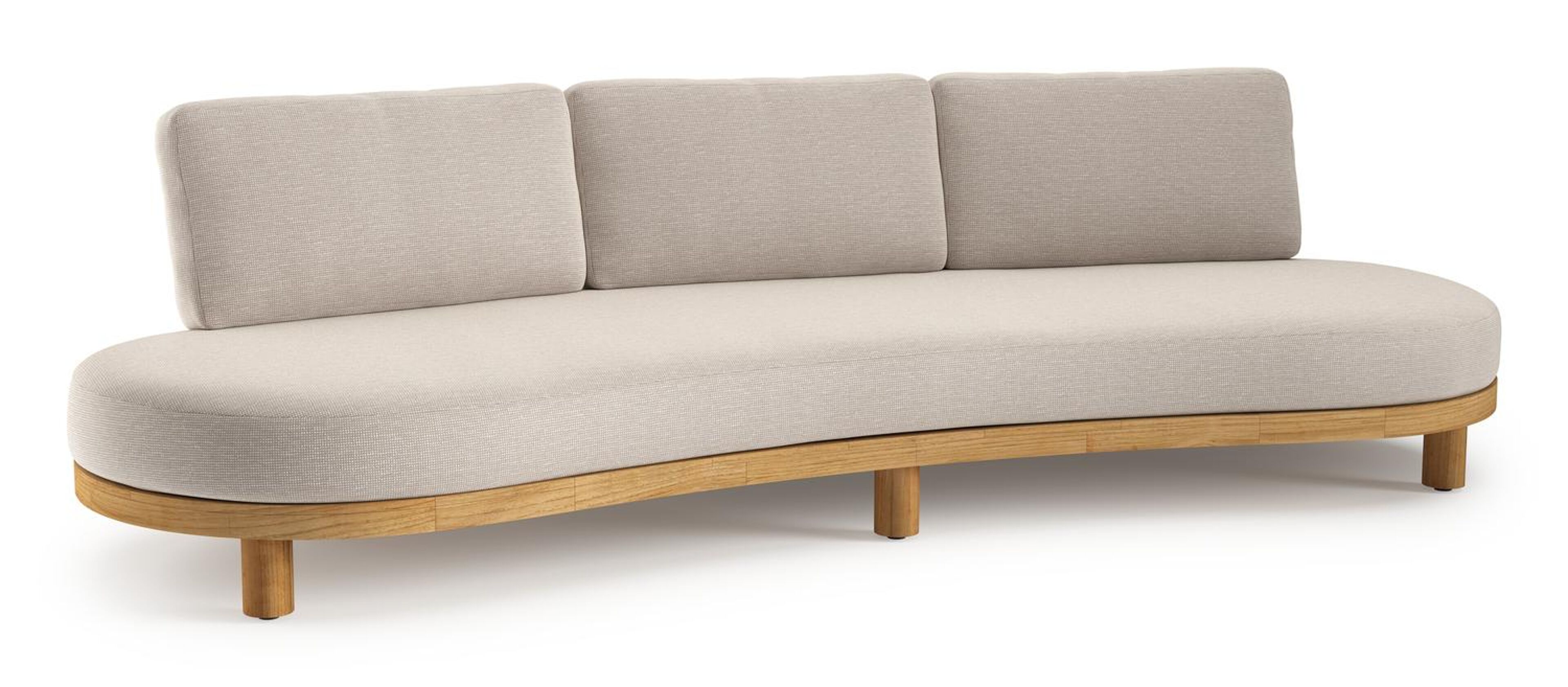 Donato loungebank in teak en beige verticaal geweven ronde rope met all weather sunbrella® luxe Slow Farafra kussen