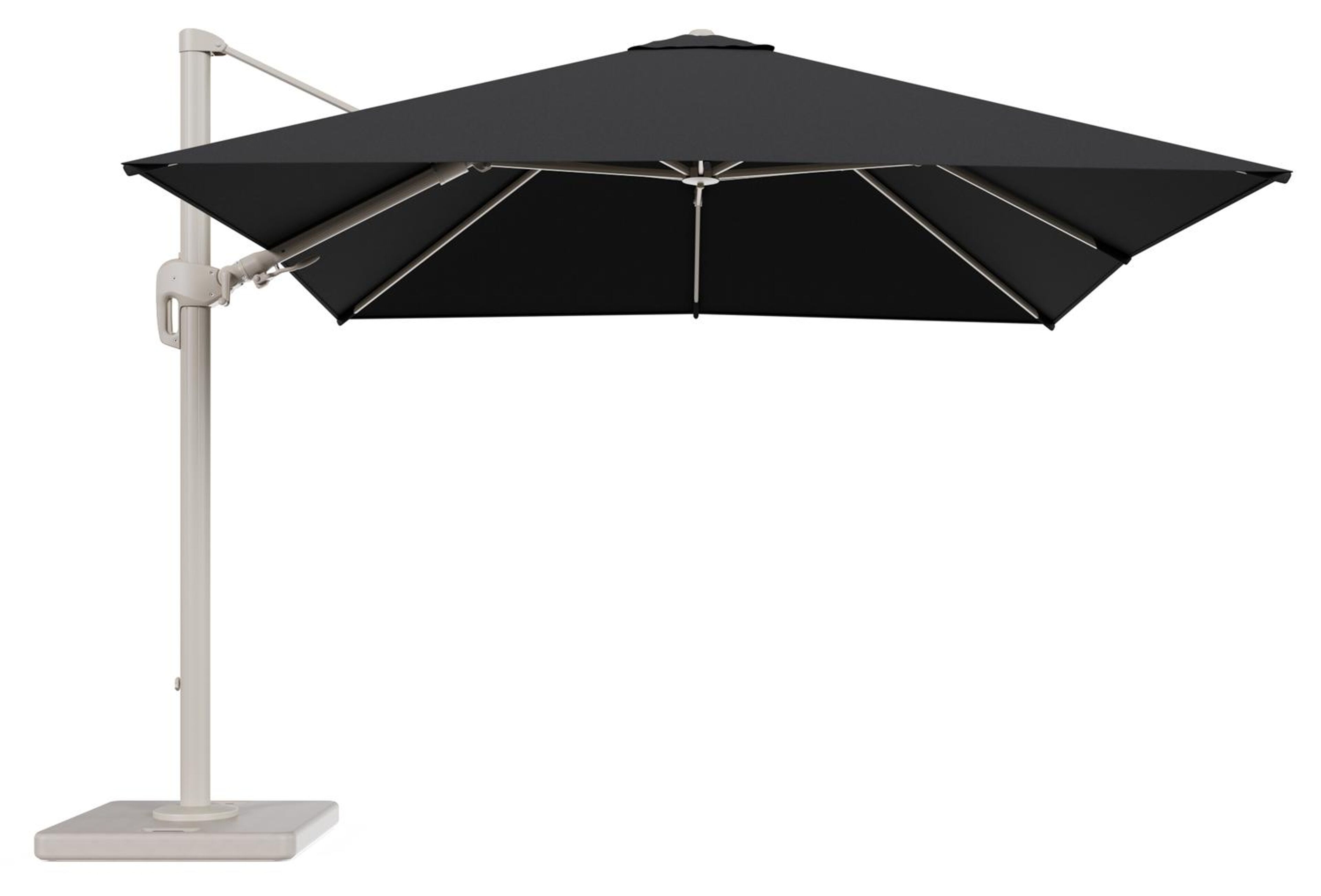 Rufina zweefparasol tiltfunctie in beige aluminium en parasoldoek in All Weather Sunbrella® Luxe Natte Sooty - L1 300 x L2 300 cm met parasolvoet Lapido 120 kg
