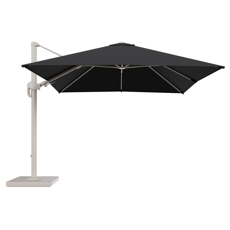 Rufina zweefparasol tiltfunctie in beige aluminium en parasoldoek in All Weather Sunbrella® Luxe Natte Sooty - L1 300 x L2 300 cm met parasolvoet Lapido 120 kg