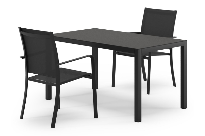 Feltro tuinset in zwart aluminium en sintered stone Notte minerale met 2 Calobra tuinstoelen