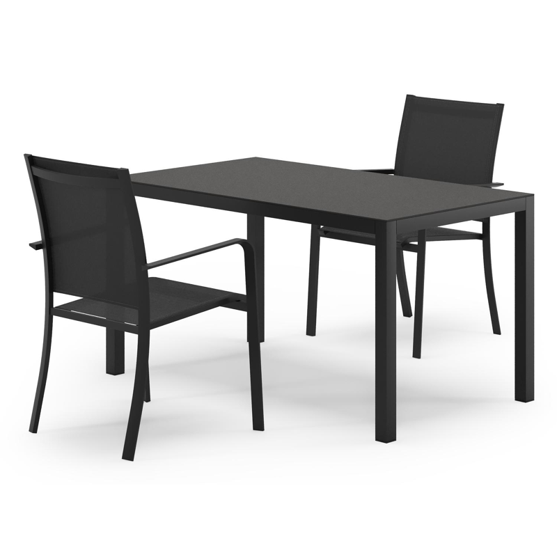 Feltro tuinset in zwart aluminium en sintered stone Notte minerale met 2 Calobra tuinstoelen