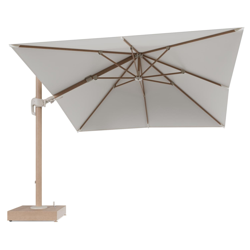 Rufina zweefparasol met tiltfunctie in houtlook aluminium en Natte White All Weather Sunbrella® Luxe parasoldoek - L1 300 x L2 300 cm met parasolvoet Minore 150 kg met wielen