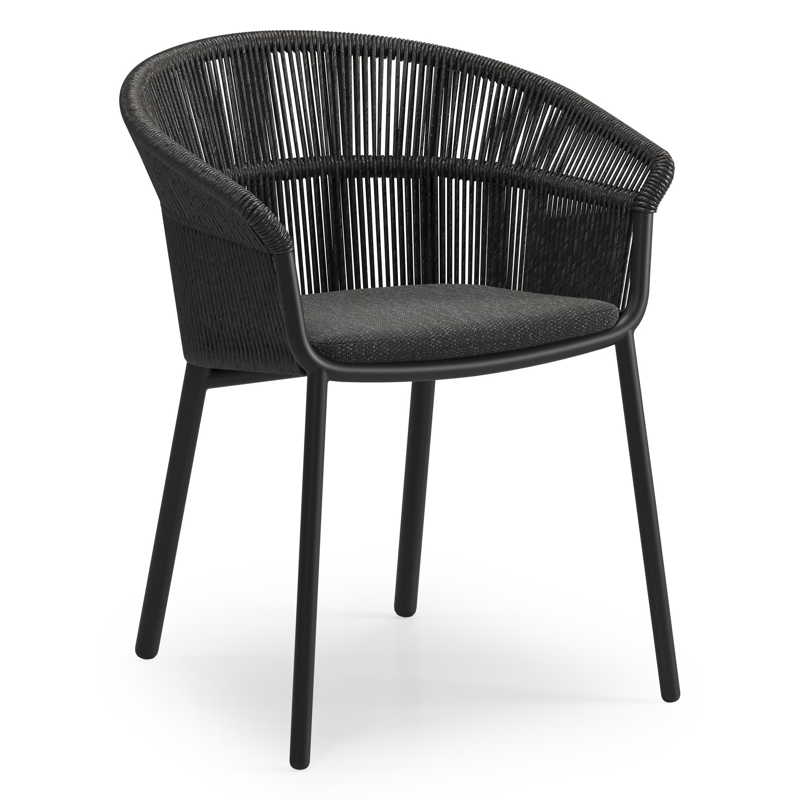 Matera stapelbare tuinstoel in zwart aluminium en zwart gedraaide ronde wicker met kussen in sky black weather+ softtouch