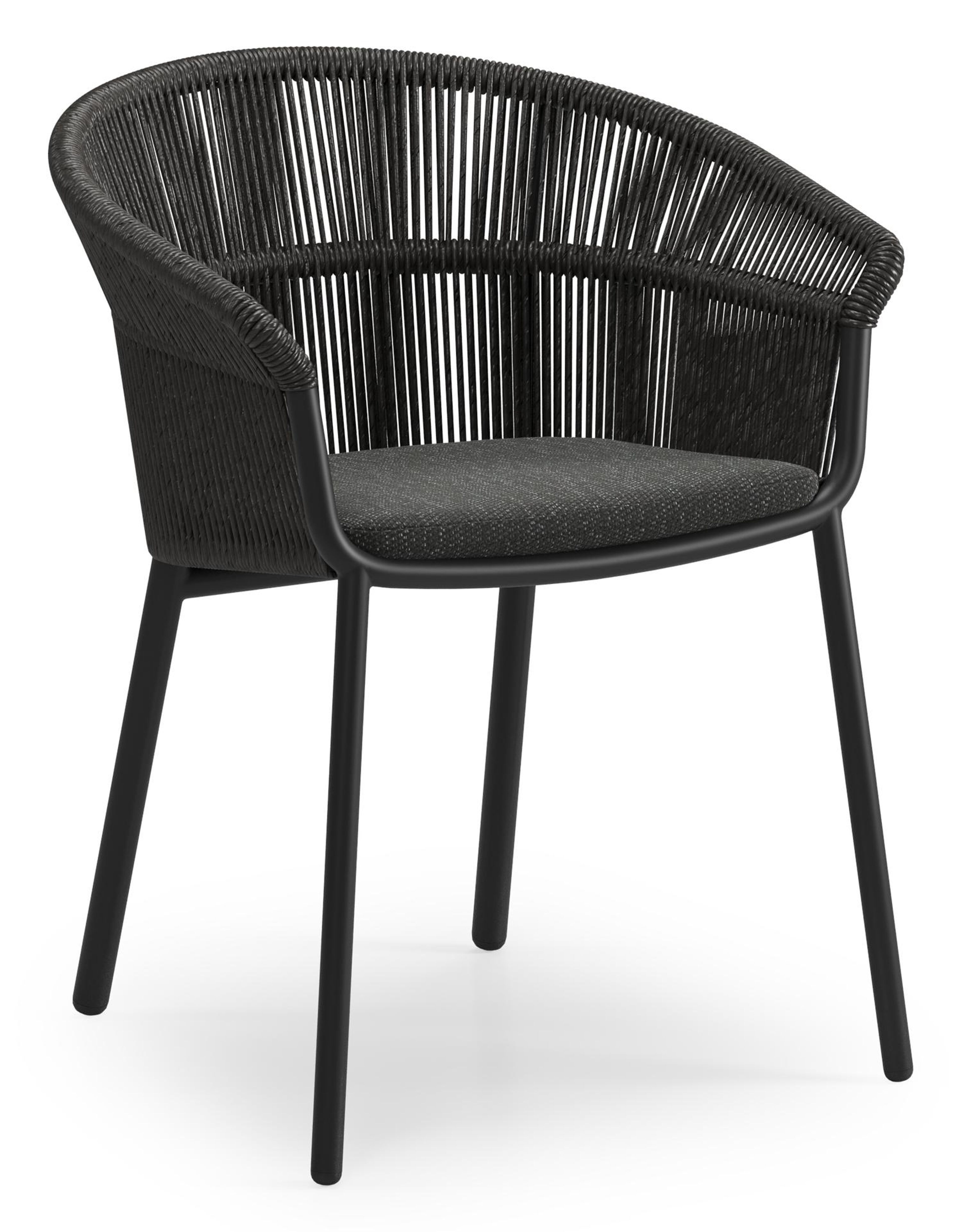 Matera stapelbare tuinstoel in zwart aluminium en zwart gedraaide ronde wicker met kussen in sky black weather+ softtouch
