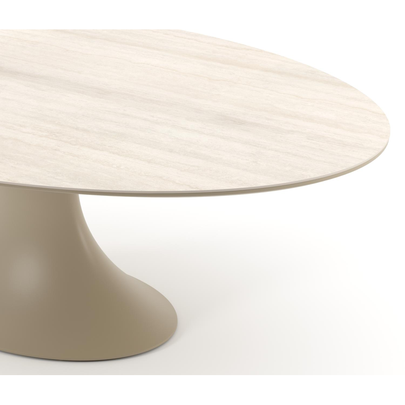 Table de jardin Fano ovale en aluminium beige et céramique pleine Travertino Bianco - Lg. 238 x Lrg. 135 x Haut. 75 cm
