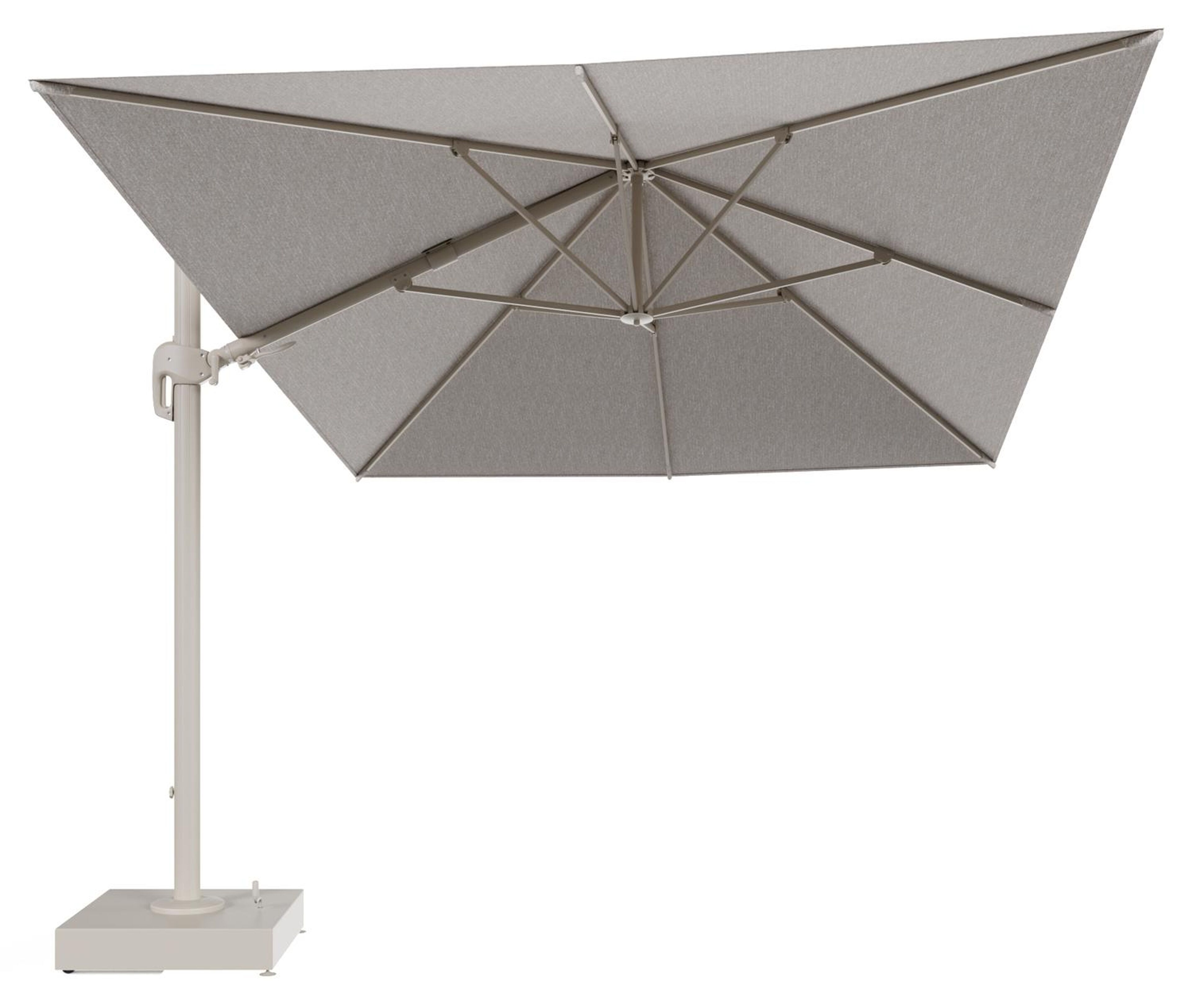 Rufina zweefparasol met tiltfunctie in beige aluminium en Tundra Sand All Weather Sunbrella® Luxe parasoldoek - L1 400 x L2 300 cm met parasolvoet Minore 150 kg met wielen