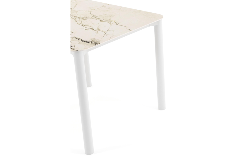 Table de jardin Orso rectangulaire arrondi en aluminium blanc et céramique pleine Colorado Dunes - Lg. 90 x Lrg. 90 x Haut. 74.5 cm