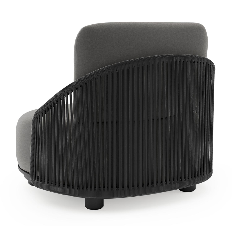 Fauteuil de jardin Vadelo en aluminium noir et corde ronde tissée verticalement noir et coussins en all weather sunbrella® luxe natte charcoal chine