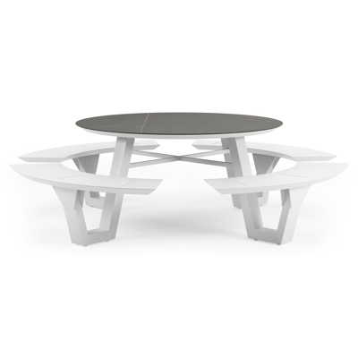 Rondino picknicktafel rond in wit aluminium en volkeramiek Calatorao - Dia. 236 x H 71.5 cm