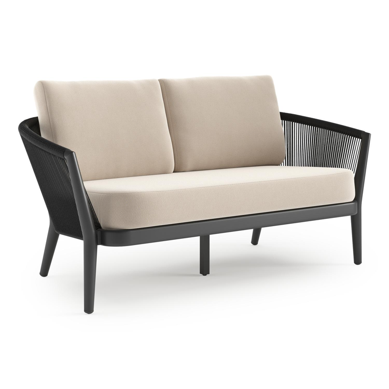 Orso loungebank in zwart aluminium en zwart verticaal geweven ronde rope met Lopi Antique all weather sunbrella® luxe kussen