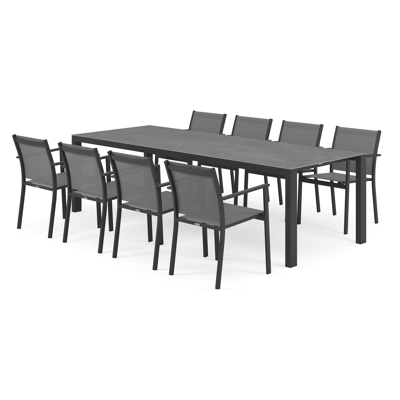 Trente tuinset in zwart aluminium en grijs volkeramiek tafelblad met 8 stapelbare Bareto tuinstoelen