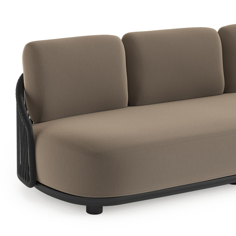 Canapé de jardin Vadelo en aluminium noir et corde ronde tissée verticalement noir et coussins en all weather sunbrella® luxe natte heather grey