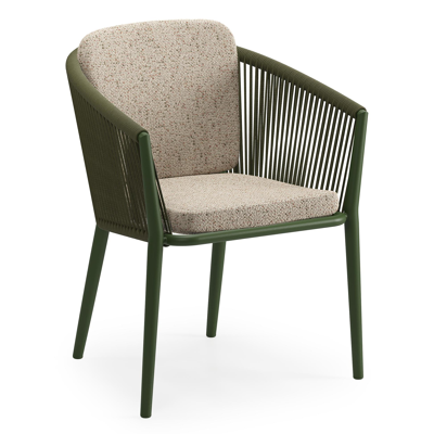 Orso tuinstoel in groen aluminium en groen verticaal geweven ronde rope met zitkussen in All Weather Cosytica Bora Jungle